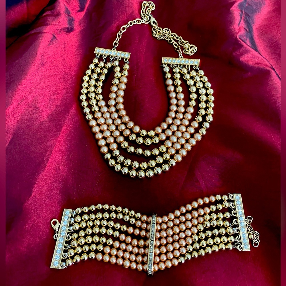 Five Layered Faux Pearl Necklace and Bracelet Set